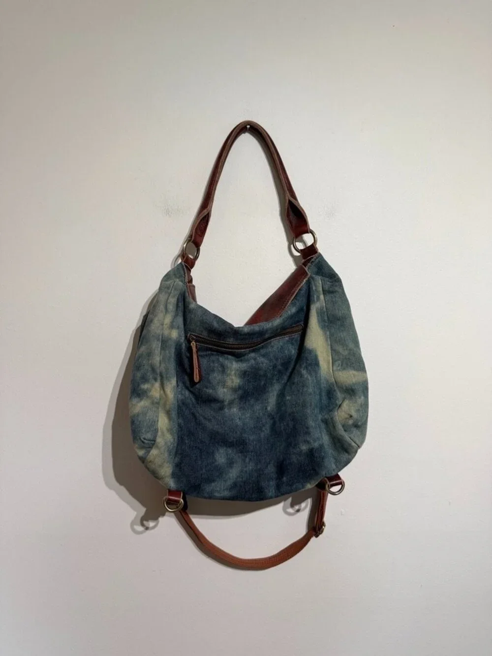Unique Distressed Denim and Rich Leather Messenger Bag